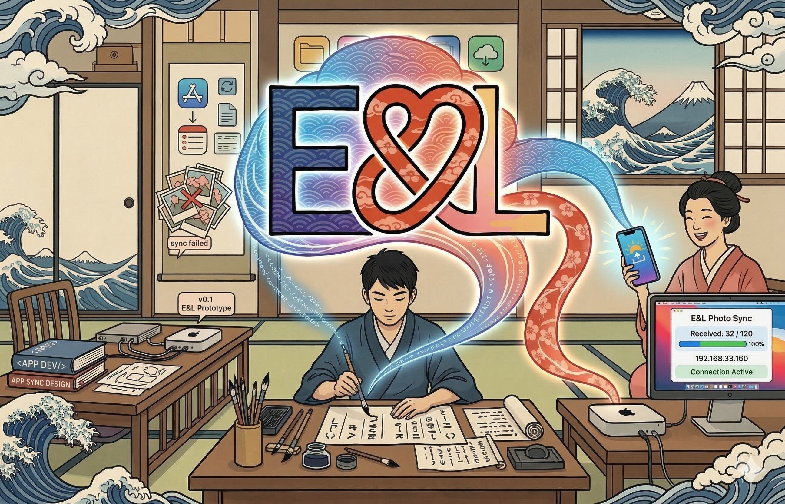 E&L Studio 浮世繪風品牌故事插畫：Edward 創作 App，Little 使用手機與電腦連接。